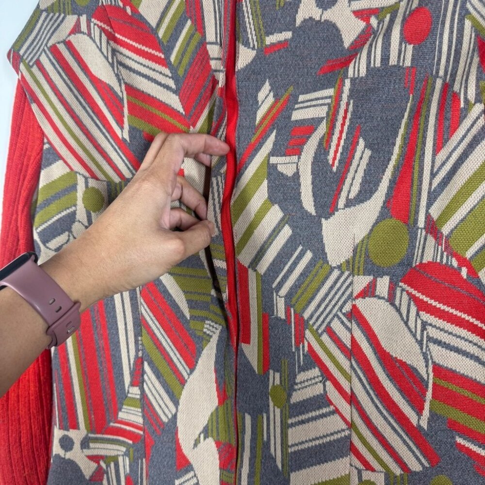 Vintage 60s 70s Red Geometric Print Long Sleeve Zip Back Retro Midi Dress - Picture 11 of 14